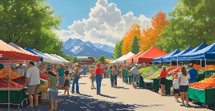 A bustling farmers' market in Boulder with people browsing fresh produce, colorful fruits and vegetables, and the Flatirons mountains in the background.
