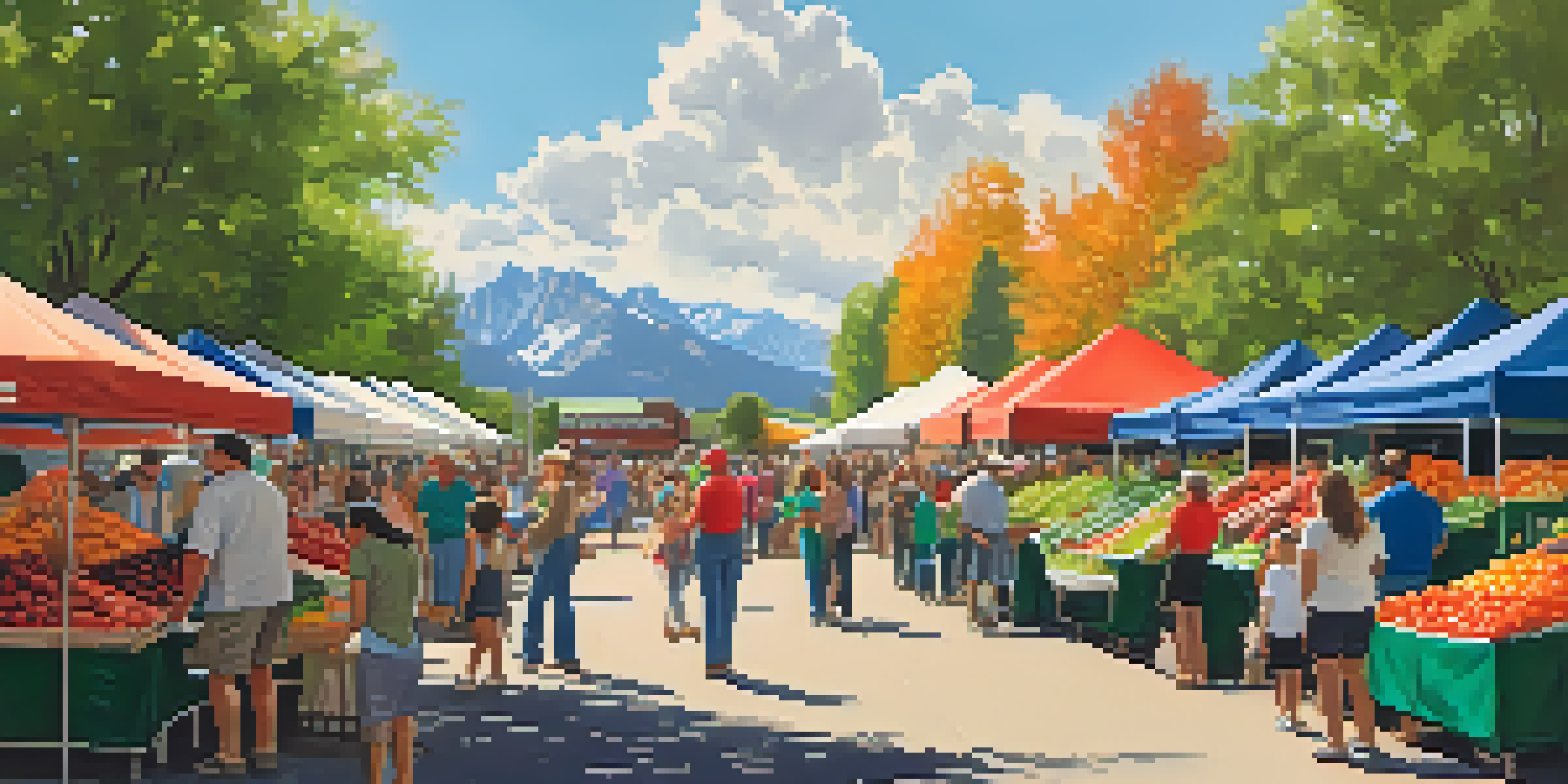 A bustling farmers' market in Boulder with people browsing fresh produce, colorful fruits and vegetables, and the Flatirons mountains in the background.