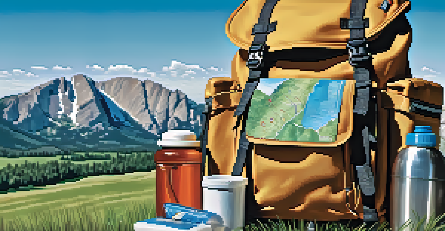 A close-up of a hiking backpack with essentials in a meadow, with Boulder Flatirons in the background.