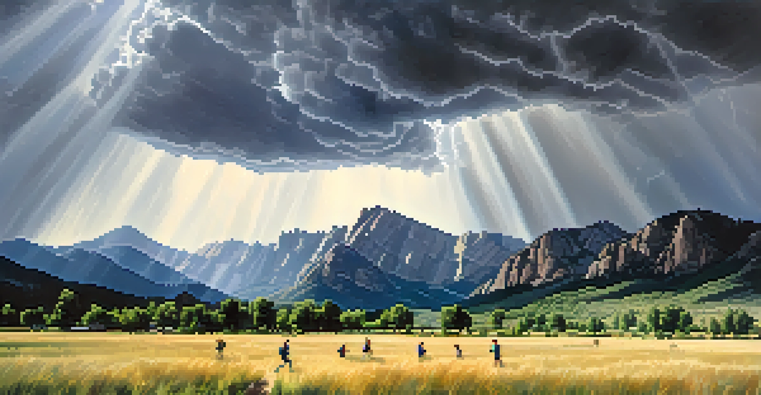 A weather scene in Boulder, Colorado, featuring sunny weather in the foreground with hikers and dark storm clouds approaching the Flatirons in the background.