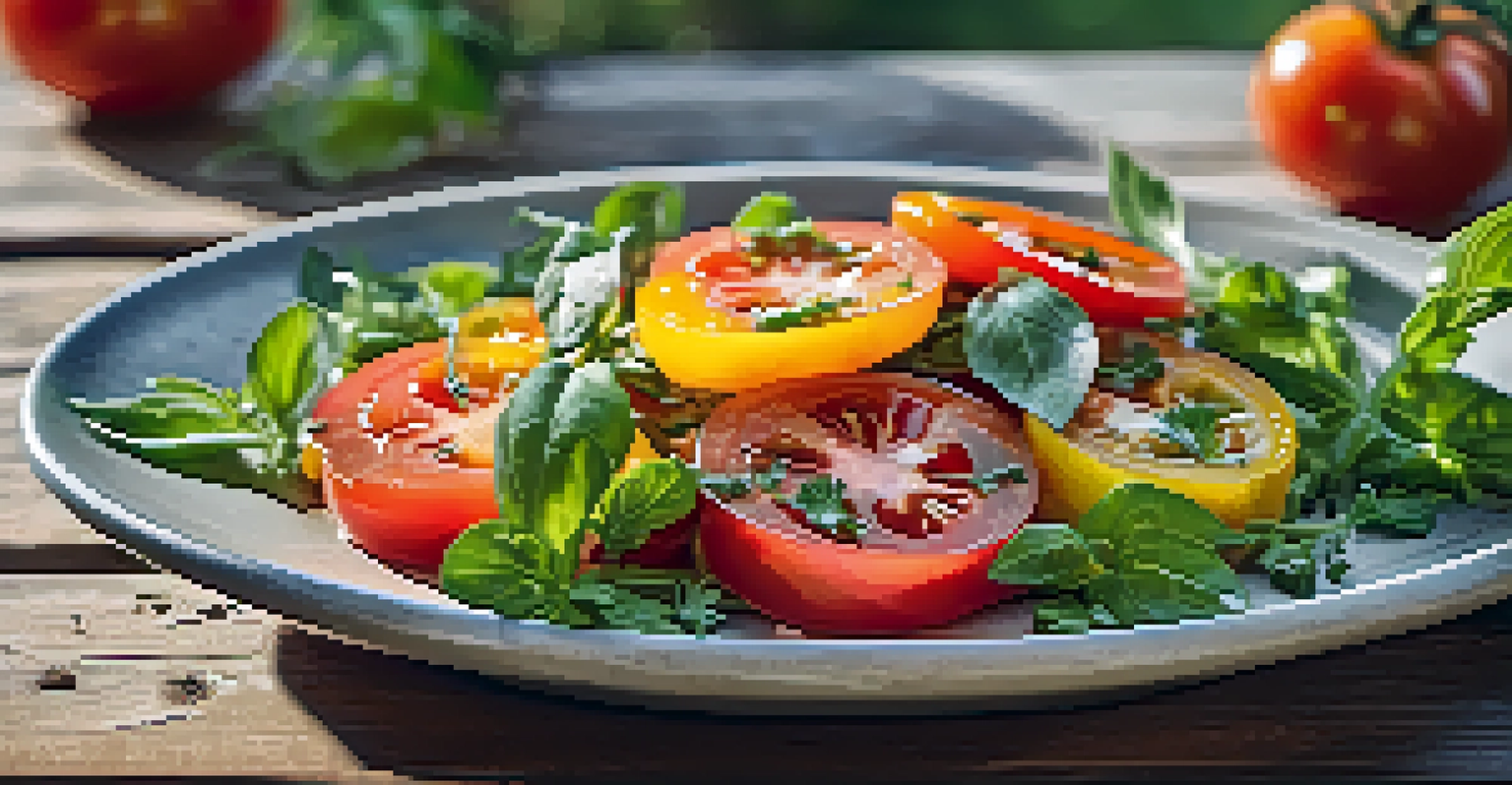 A close-up of a colorful heirloom tomato salad with herbs, displayed on a rustic wooden table with greenery in the background.