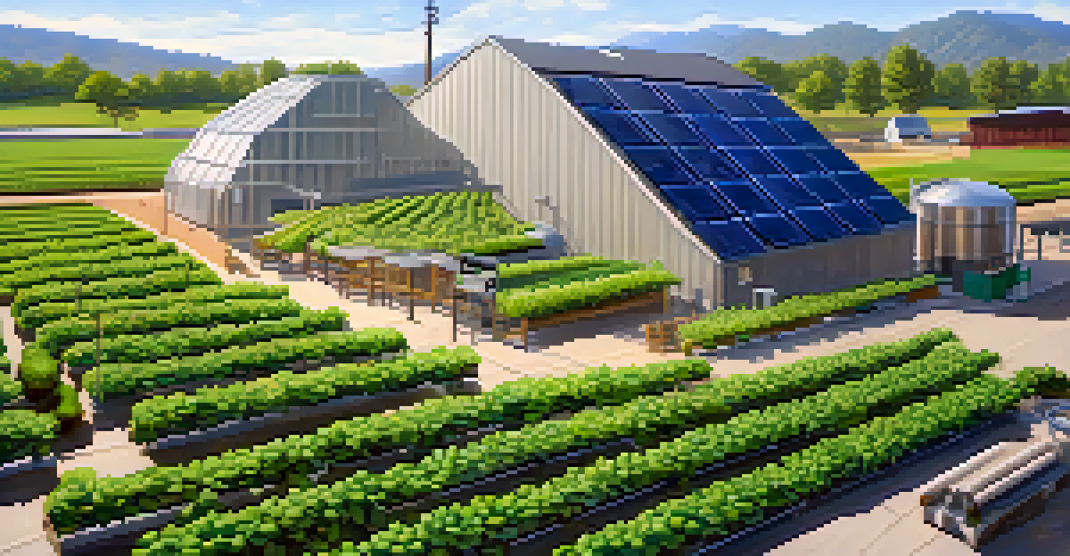 A sustainable brewery scene with hop farms and solar panels, highlighting environmental efforts.