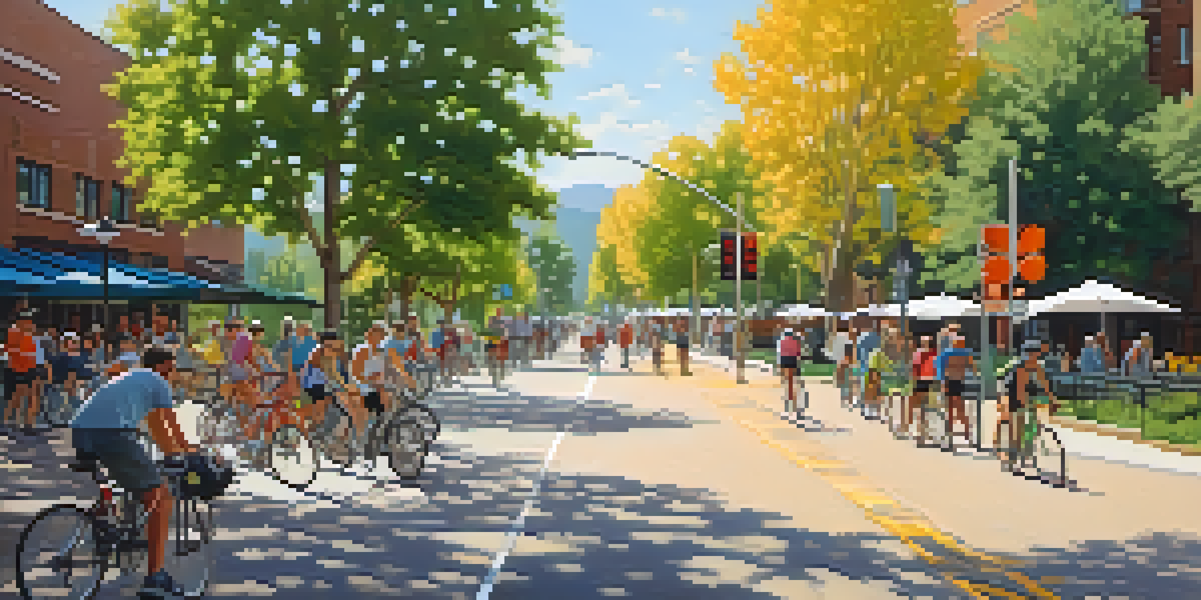 A busy bike lane in Boulder, Colorado, with cyclists of different ages riding past modern buildings and green trees.