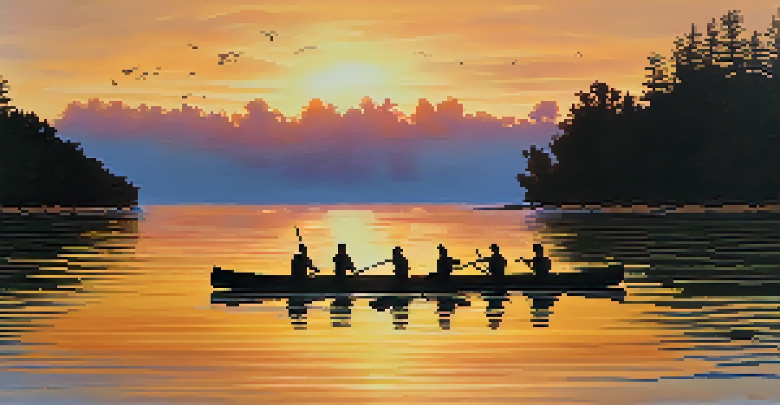 High school students canoeing at sunset, reflecting teamwork and connection with nature in a serene beach environment.