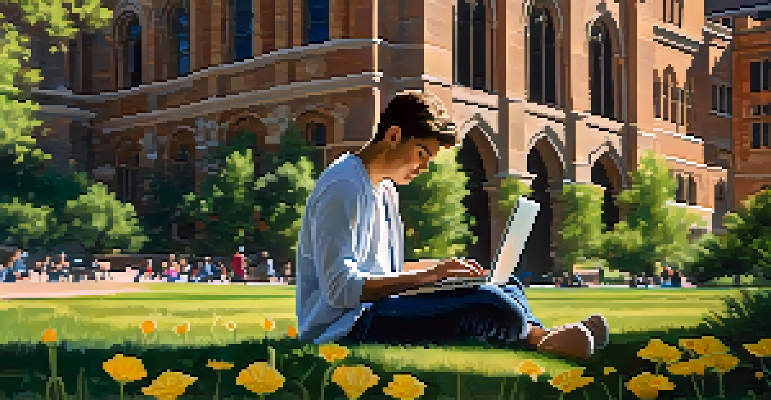 Close-up of a student studying outdoors at CU Boulder with flowers and historic buildings in the background.