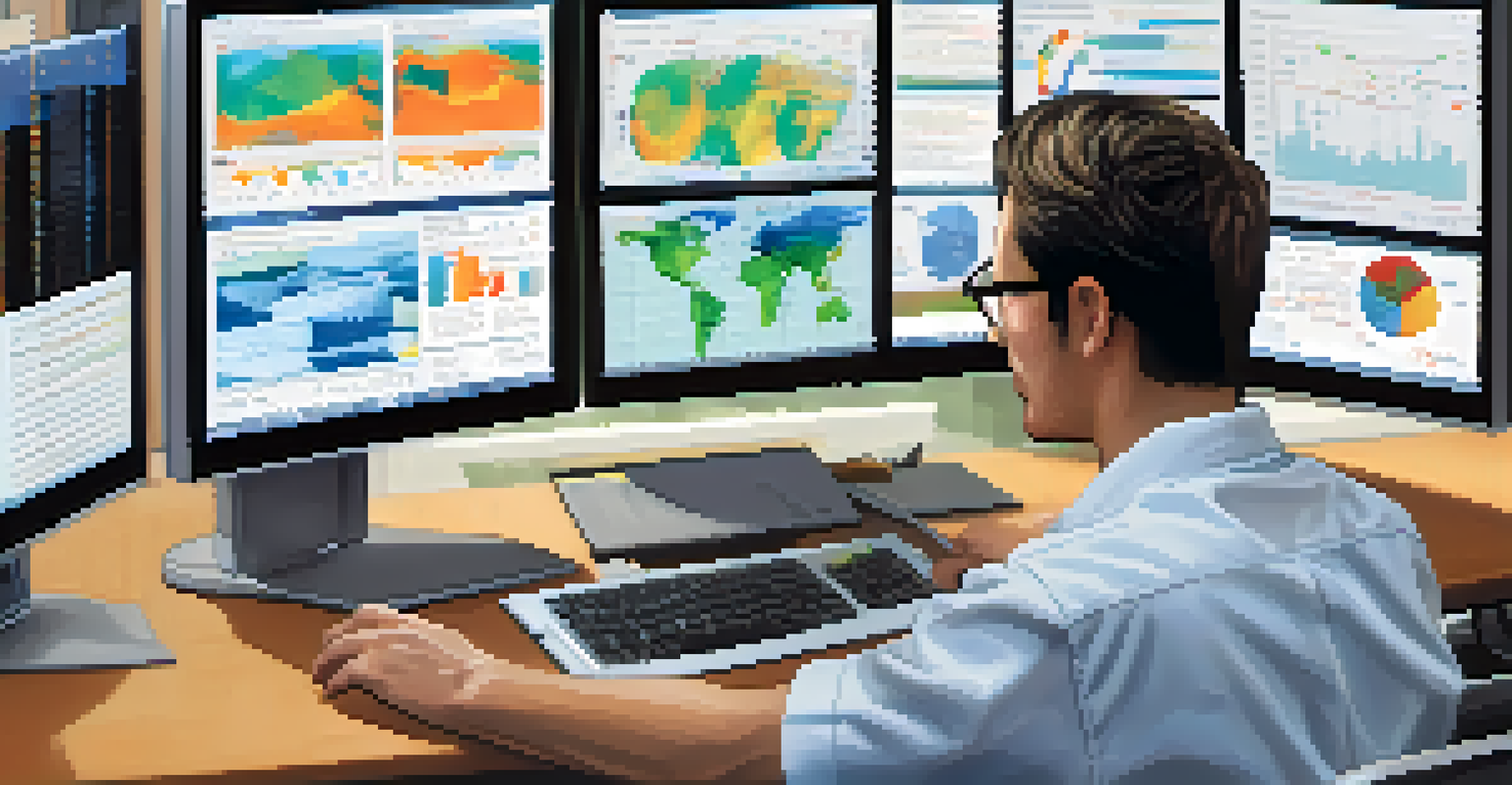 A researcher intently analyzing climate change data on a computer, surrounded by environmental science books, showcasing the use of technology in research.