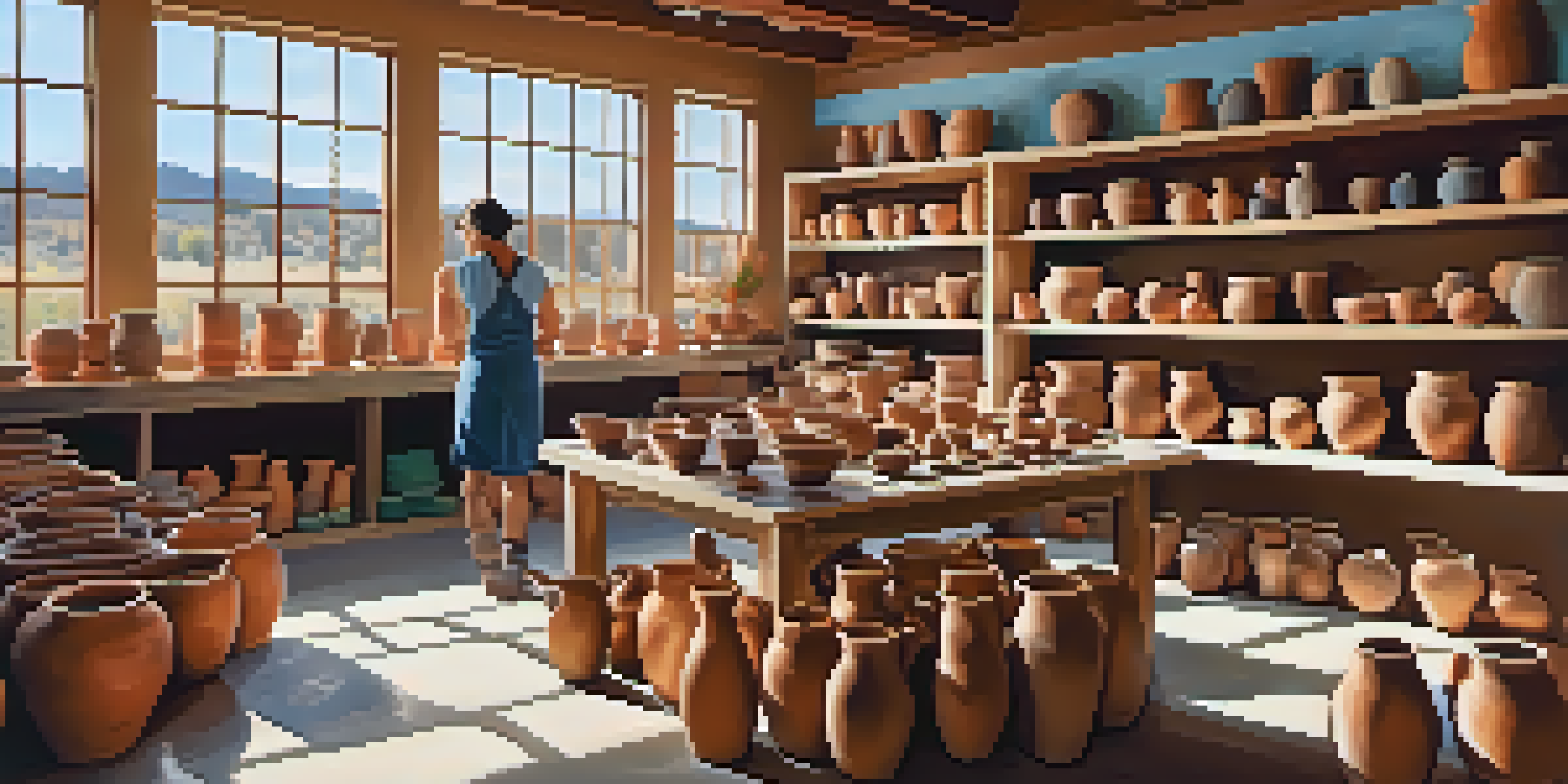 An artisan in a pottery studio shaping clay on a potter's wheel, surrounded by colorful pottery items and natural light.