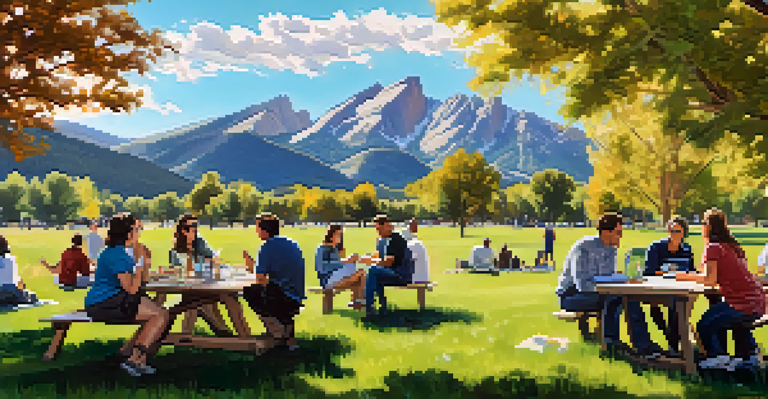 An outdoor tech meetup in a park with attendees chatting and presenting, set against the backdrop of the Flatirons mountains.