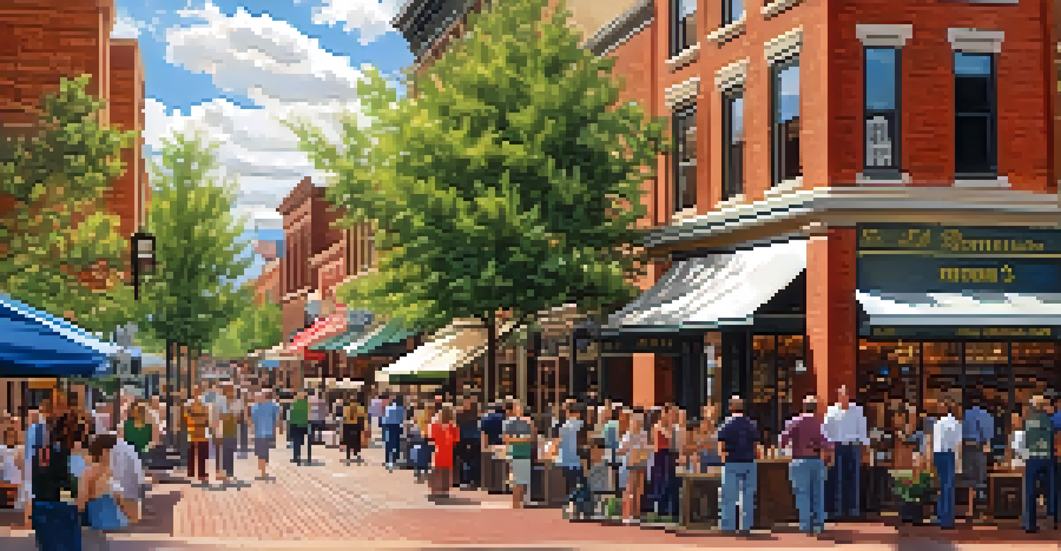 The bustling Pearl Street Mall in downtown Boulder, featuring historic buildings, brick-paved walkways, and people enjoying street performances.