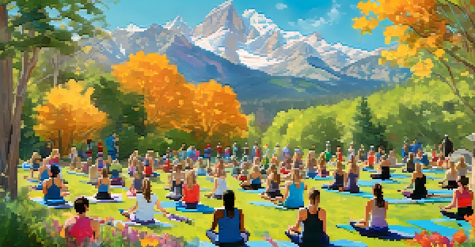 A group of diverse individuals participating in an outdoor fitness class in a park, with mountains and flowers in the background.