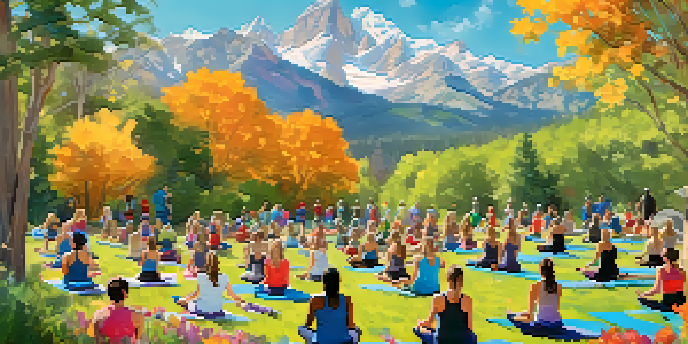 A group of diverse individuals participating in an outdoor fitness class in a park, with mountains and flowers in the background.
