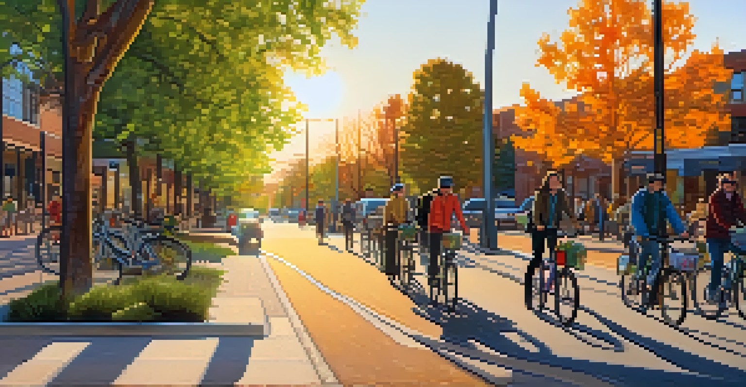 A bike-friendly street in Boulder, Colorado, with bicycles, pedestrians, and trees during sunset.