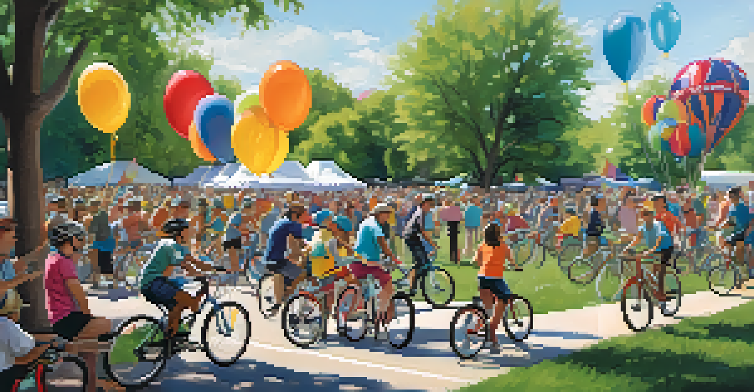 A community bike-to-work event in Boulder with cyclists of all ages gathered in a park, celebrating cycling together.