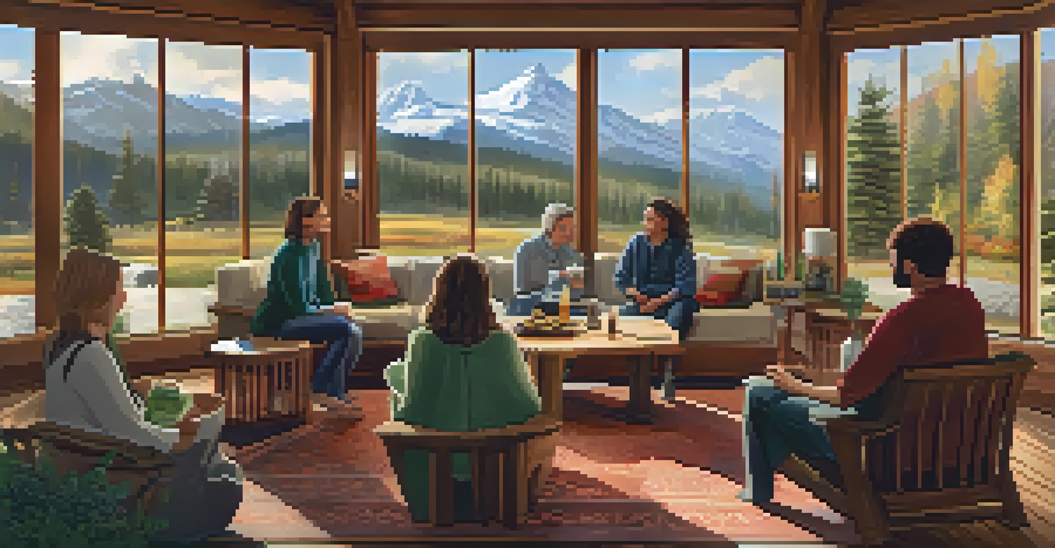 A cozy retreat lodge interior with wooden furnishings, warm lighting, and participants discussing mindfulness around a table with herbal teas.