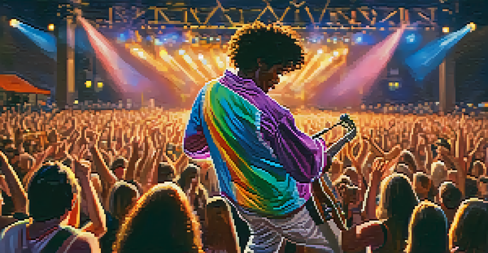 A local musician passionately performing on stage at a Boulder music festival, with an enthusiastic crowd in the background.