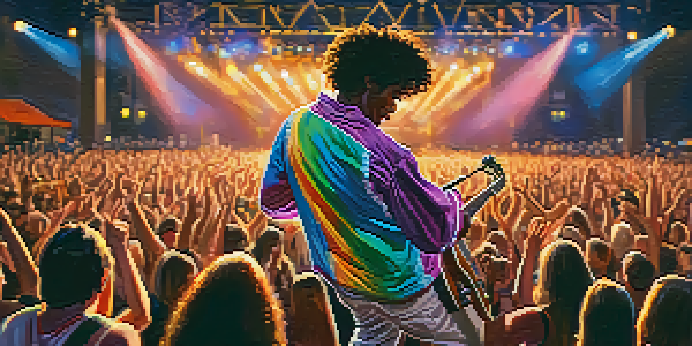A local musician passionately performing on stage at a Boulder music festival, with an enthusiastic crowd in the background.