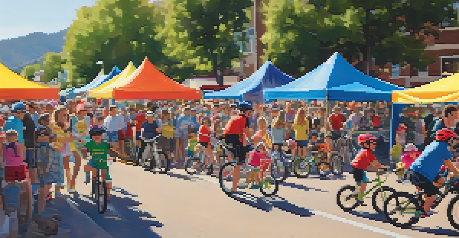 A close-up of the Boulder Bike Fest, with families enjoying biking activities, colorful decorations, and food stalls in a festive setting.