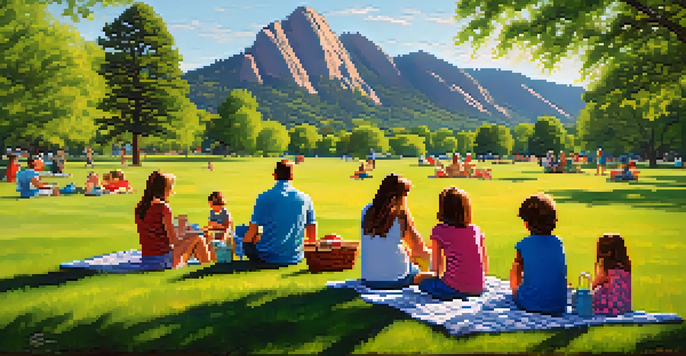 Families having a picnic on a green lawn at Chautauqua Park with the Flatirons in the background.