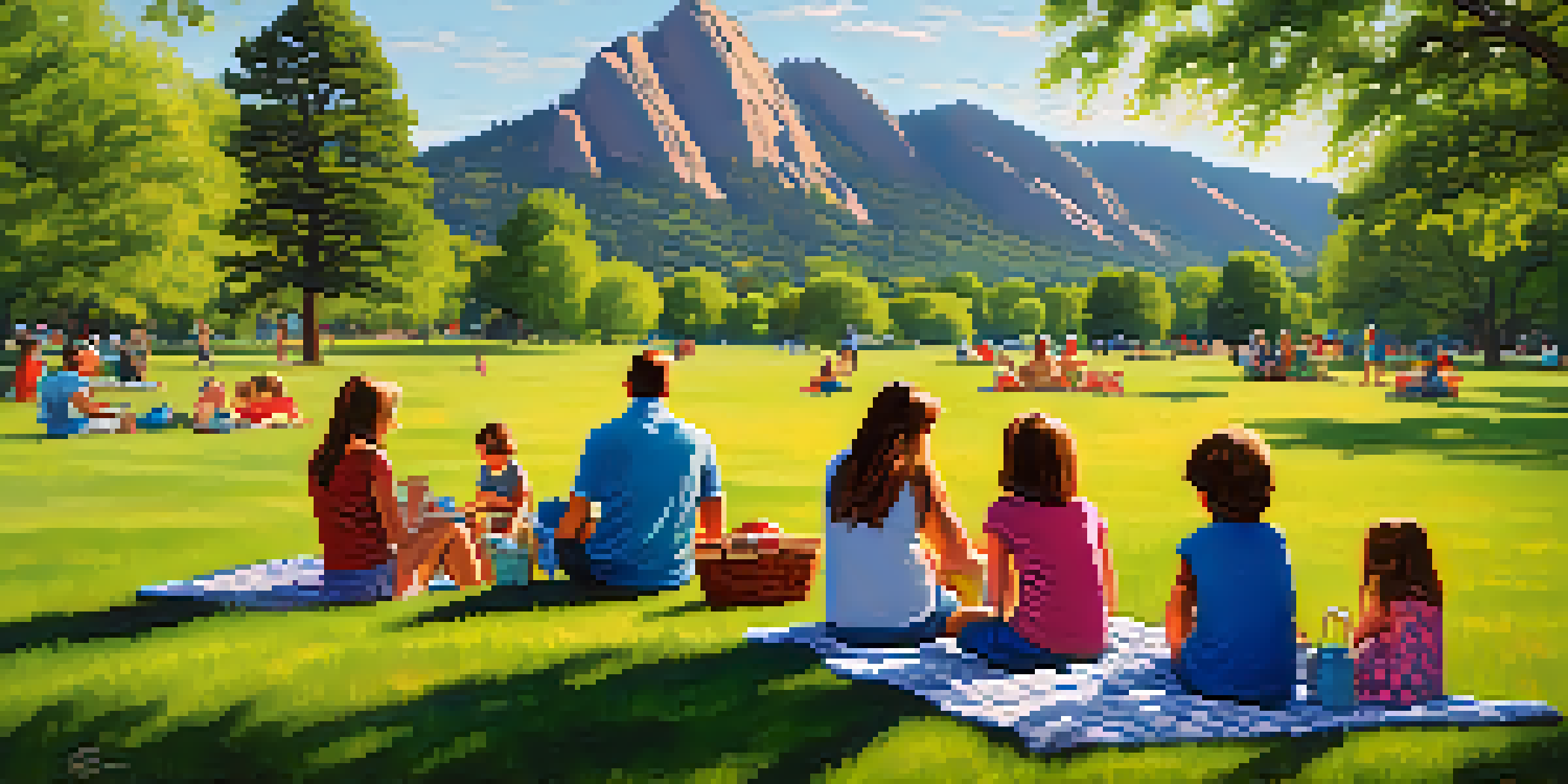 Families having a picnic on a green lawn at Chautauqua Park with the Flatirons in the background.