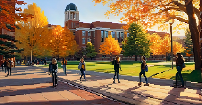 A panoramic view of the CU Boulder campus in autumn with students among colorful trees and buildings.