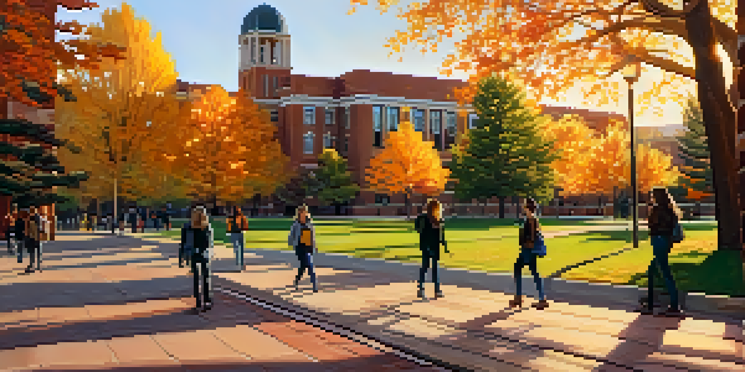 A panoramic view of the CU Boulder campus in autumn with students among colorful trees and buildings.
