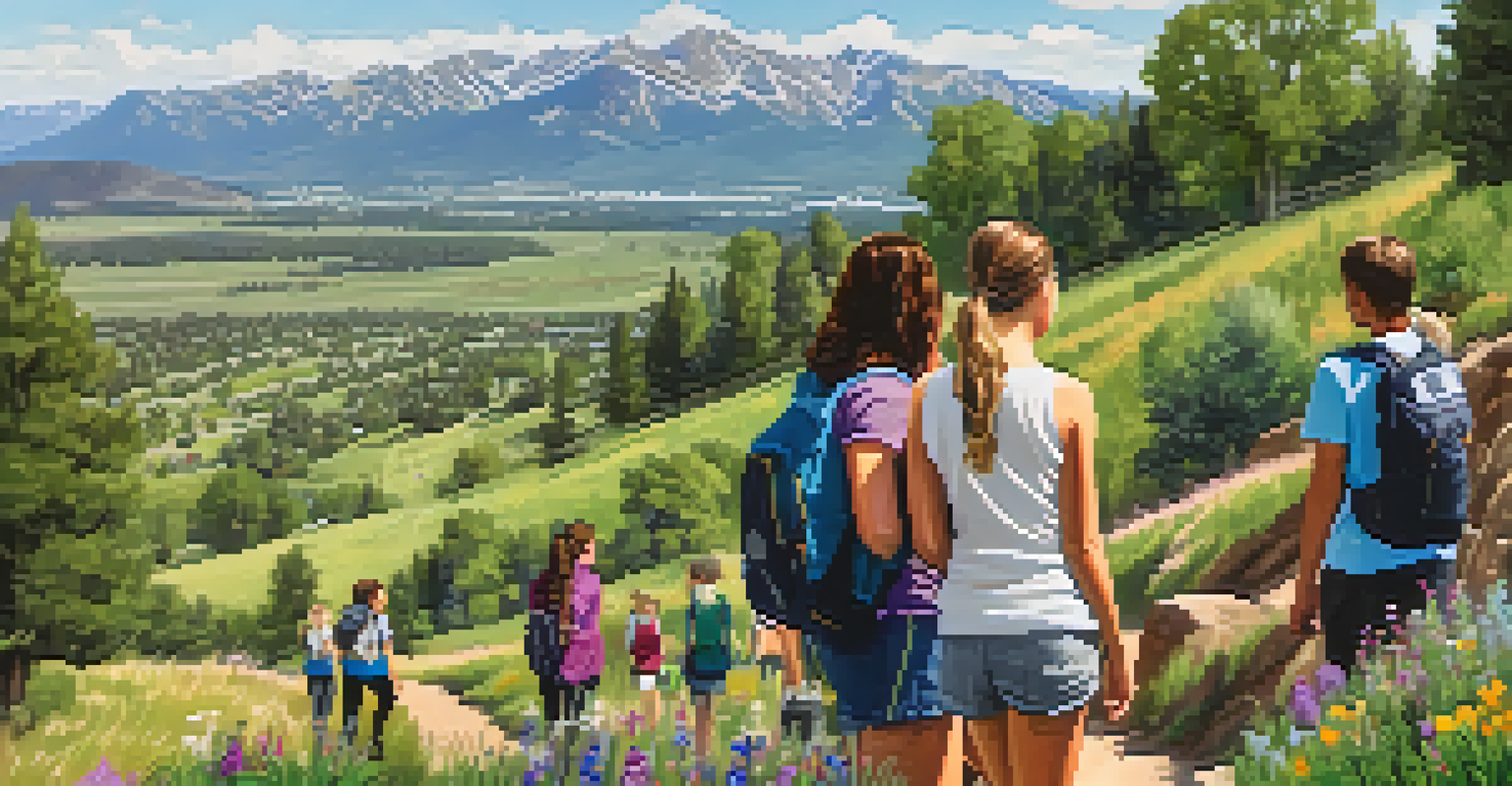 Students hiking on a trail in Boulder, Colorado, with mountains in the background and wildflowers in the foreground.
