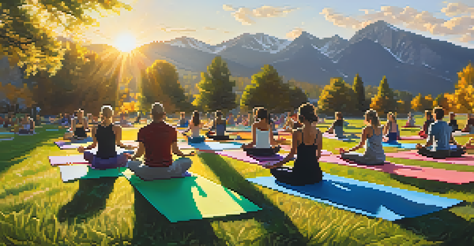 A group of people practicing yoga in a park in Boulder, with colorful mats and a beautiful sunrise in the background.