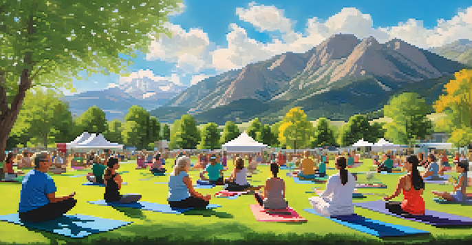 A lively outdoor community event in Boulder, with residents practicing yoga on a grassy area, mountains in the background.
