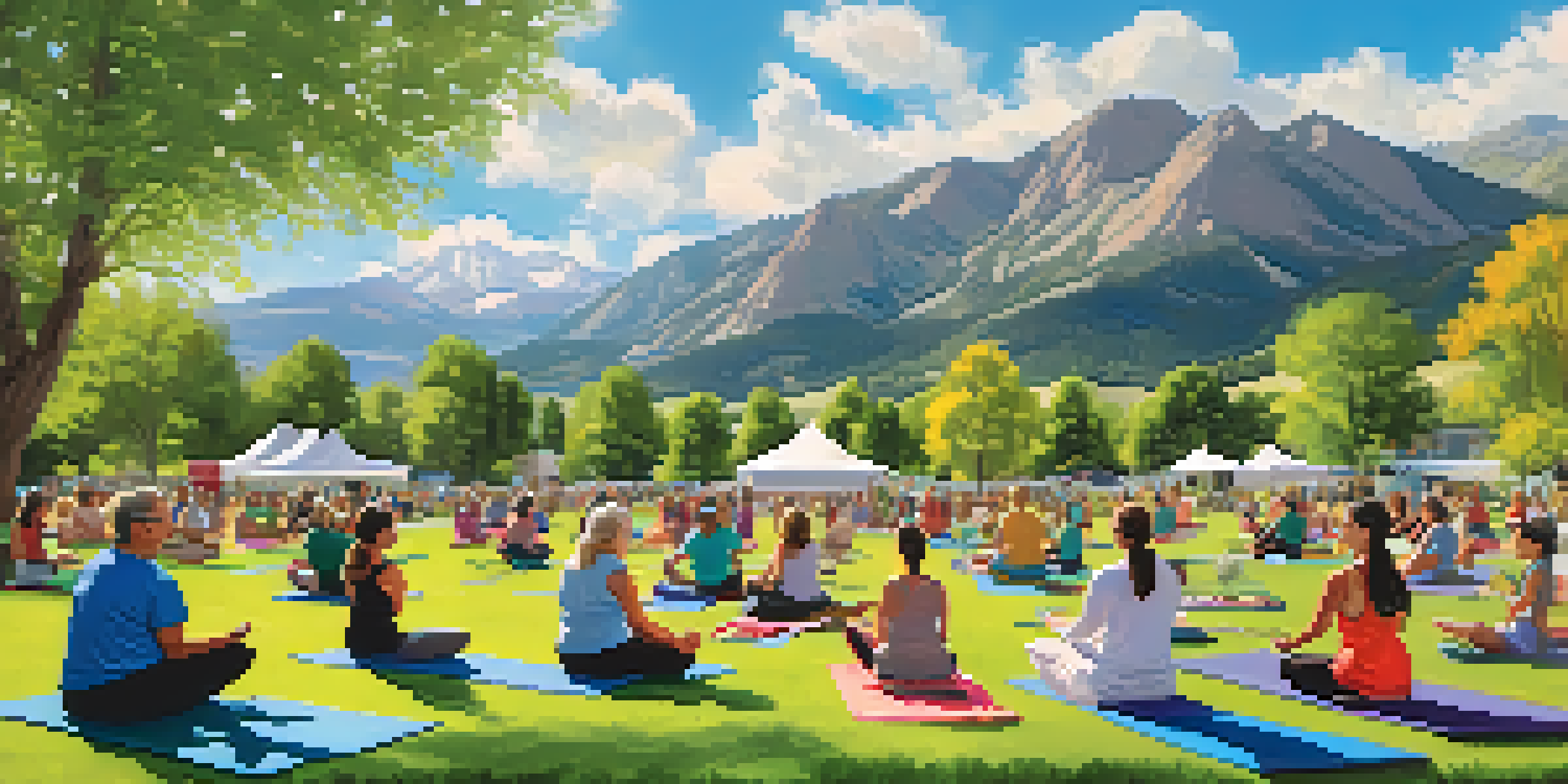 A lively outdoor community event in Boulder, with residents practicing yoga on a grassy area, mountains in the background.