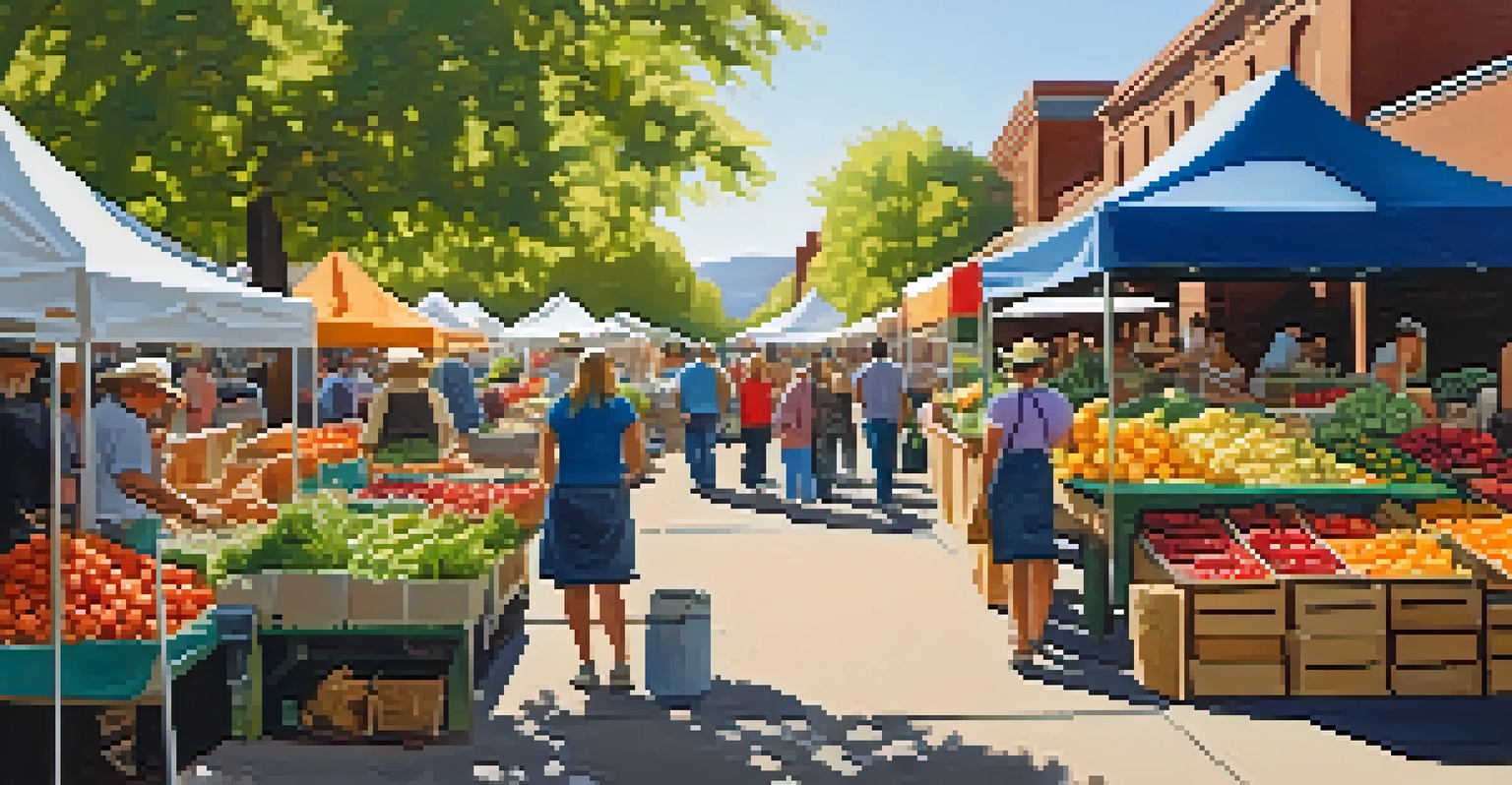 A lively farmer's market in Boulder showcasing fresh produce with the Flatirons in the background and sunlight casting shadows.