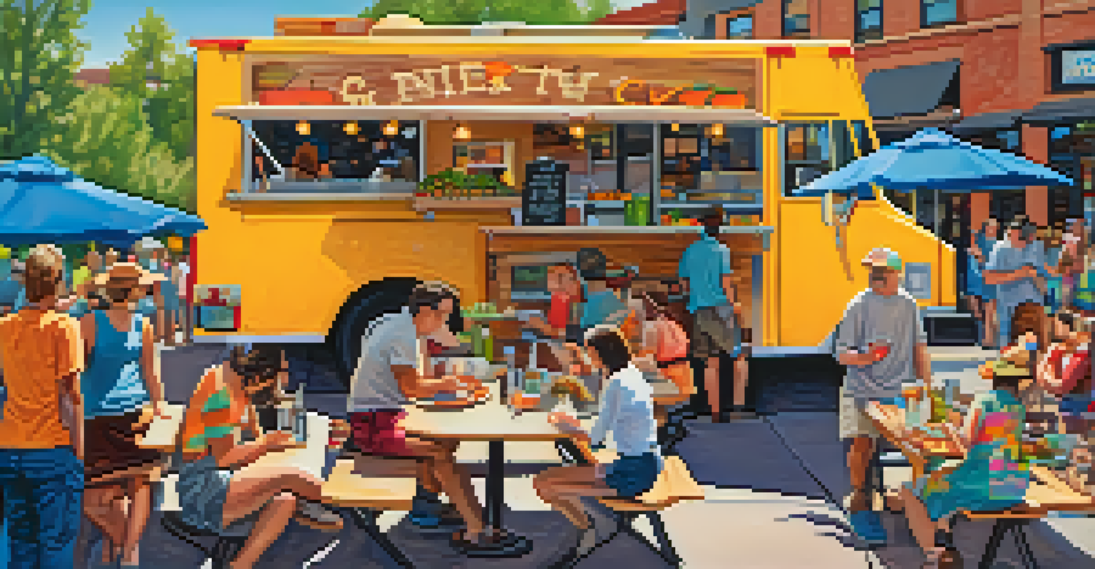 A colorful food truck gathering in Boulder, featuring diverse food options and people enjoying their meals at picnic tables in a lively outdoor setting.