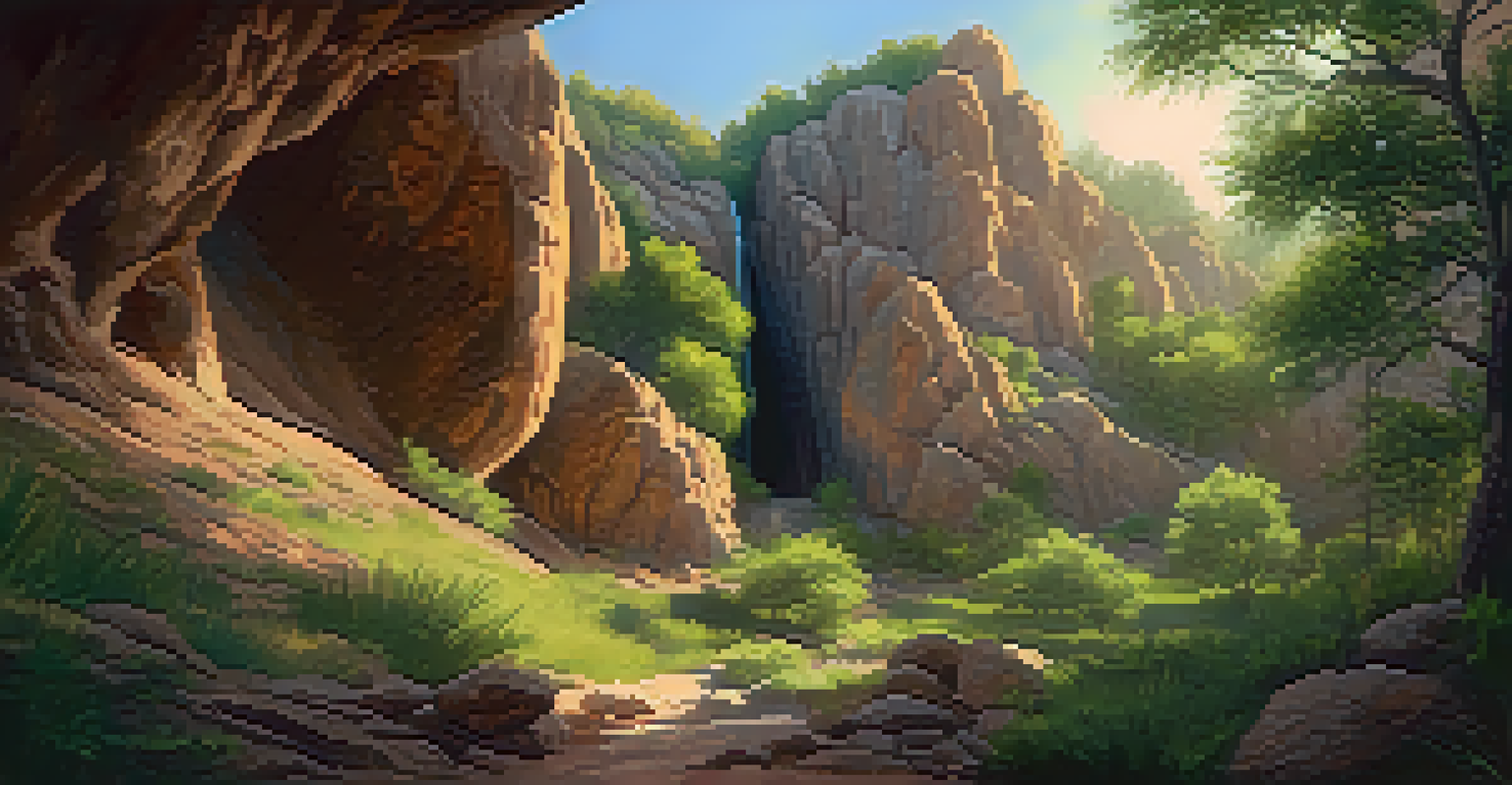 The entrance to a cave surrounded by greenery and rocks, with warm sunlight creating a magical ambiance.