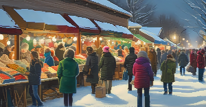 A lively winter market in Boulder with vibrant stalls, shoppers enjoying the festive atmosphere and snow falling gently.