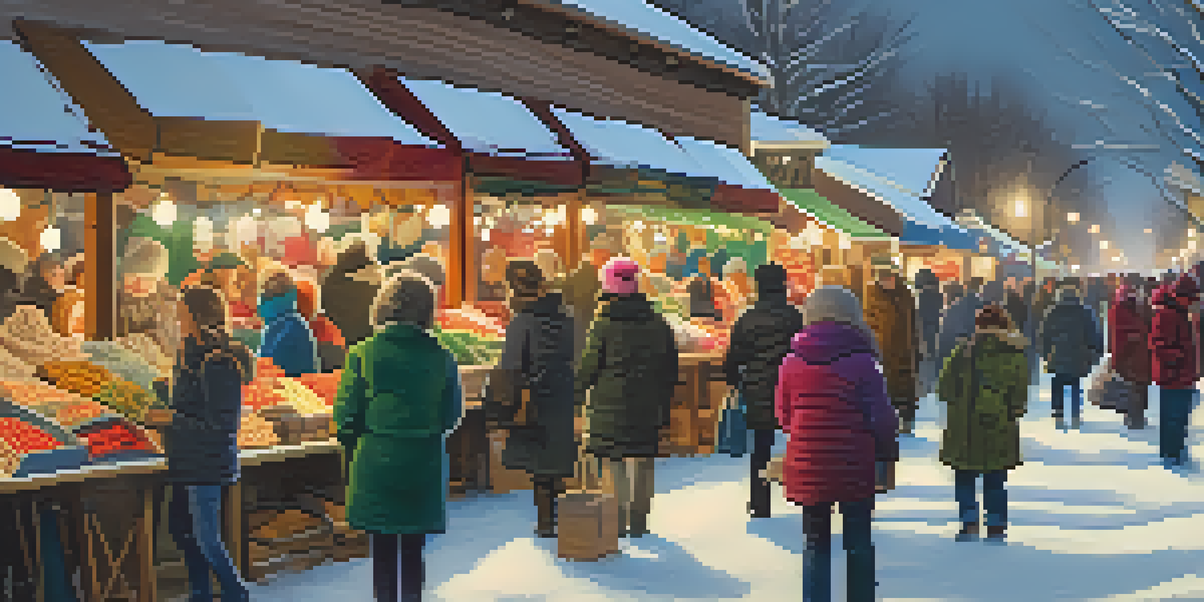 A lively winter market in Boulder with vibrant stalls, shoppers enjoying the festive atmosphere and snow falling gently.