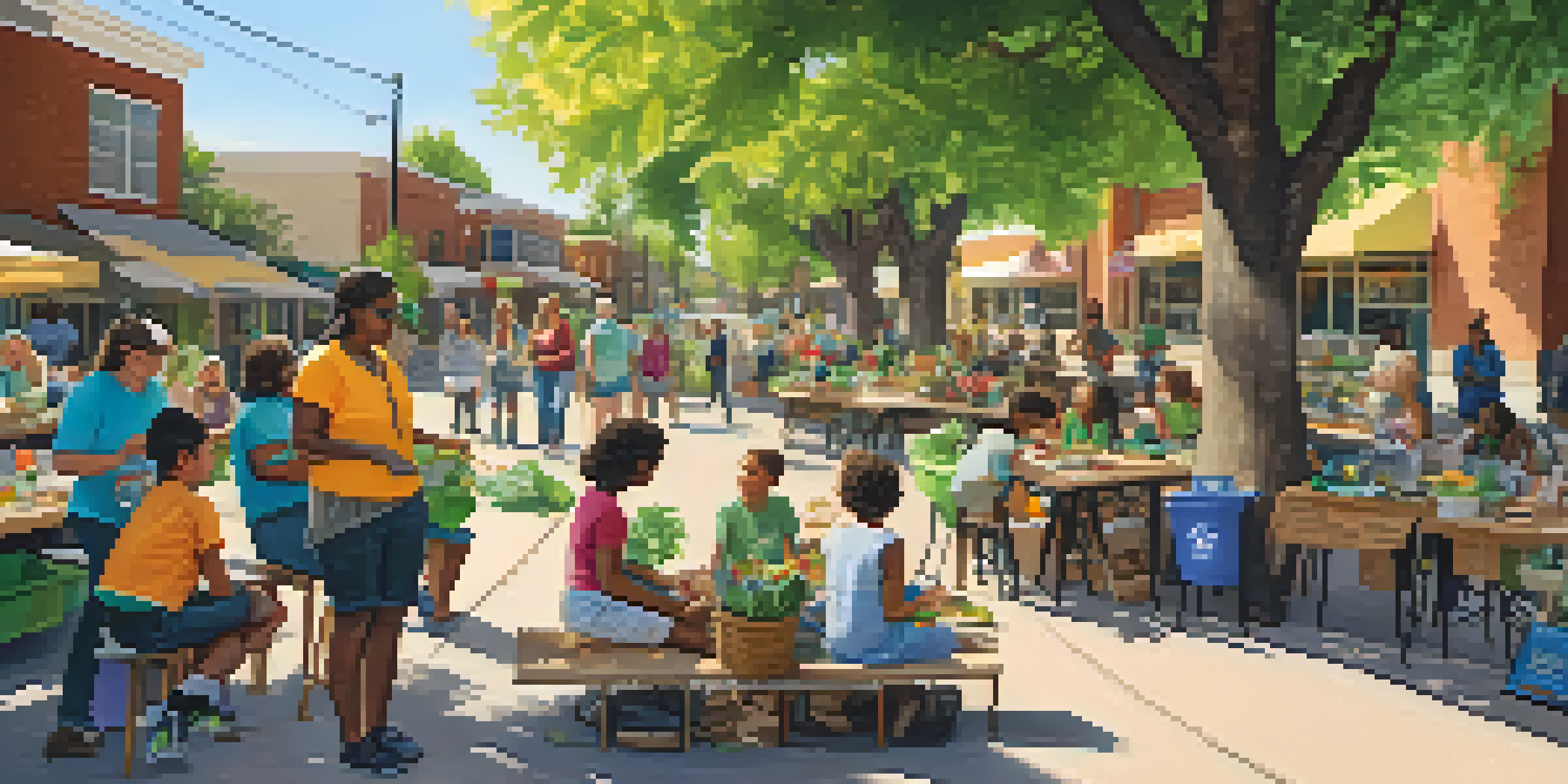 A lively community workshop where residents are actively participating in recycling and composting, surrounded by educational materials.