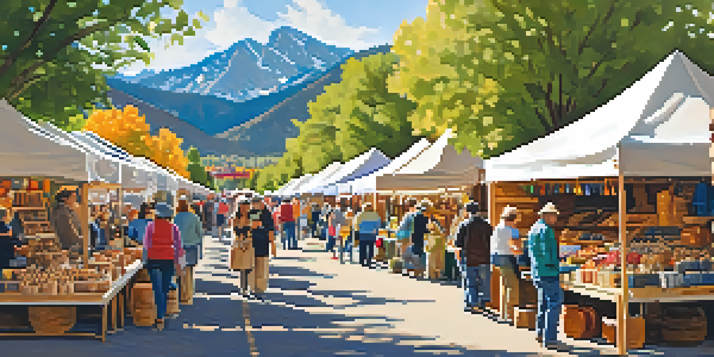 A bustling artisan market in Boulder, with colorful stalls of handmade crafts and the Rocky Mountains in the background.
