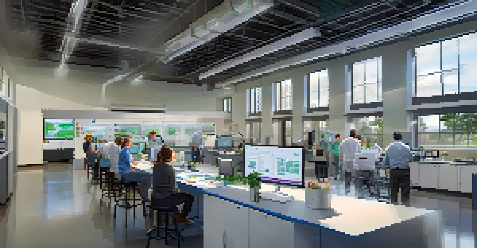 A CU Boulder lab with researchers and industry professionals collaborating on renewable energy technology, illuminated by natural light.