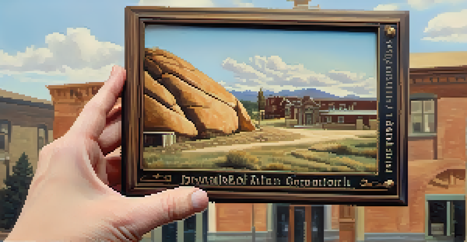 A close-up of a hand holding a vintage photograph of a historic Boulder site with a restored building in the background.