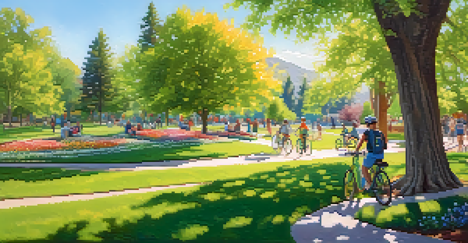 A peaceful park in Boulder, with people biking and walking among green grass and colorful flowers.