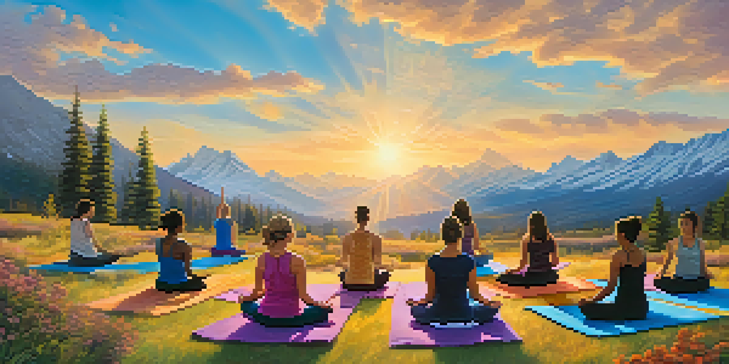 A diverse group of individuals practicing yoga with the Rocky Mountains in the background, surrounded by colorful wildflowers under a blue sky.