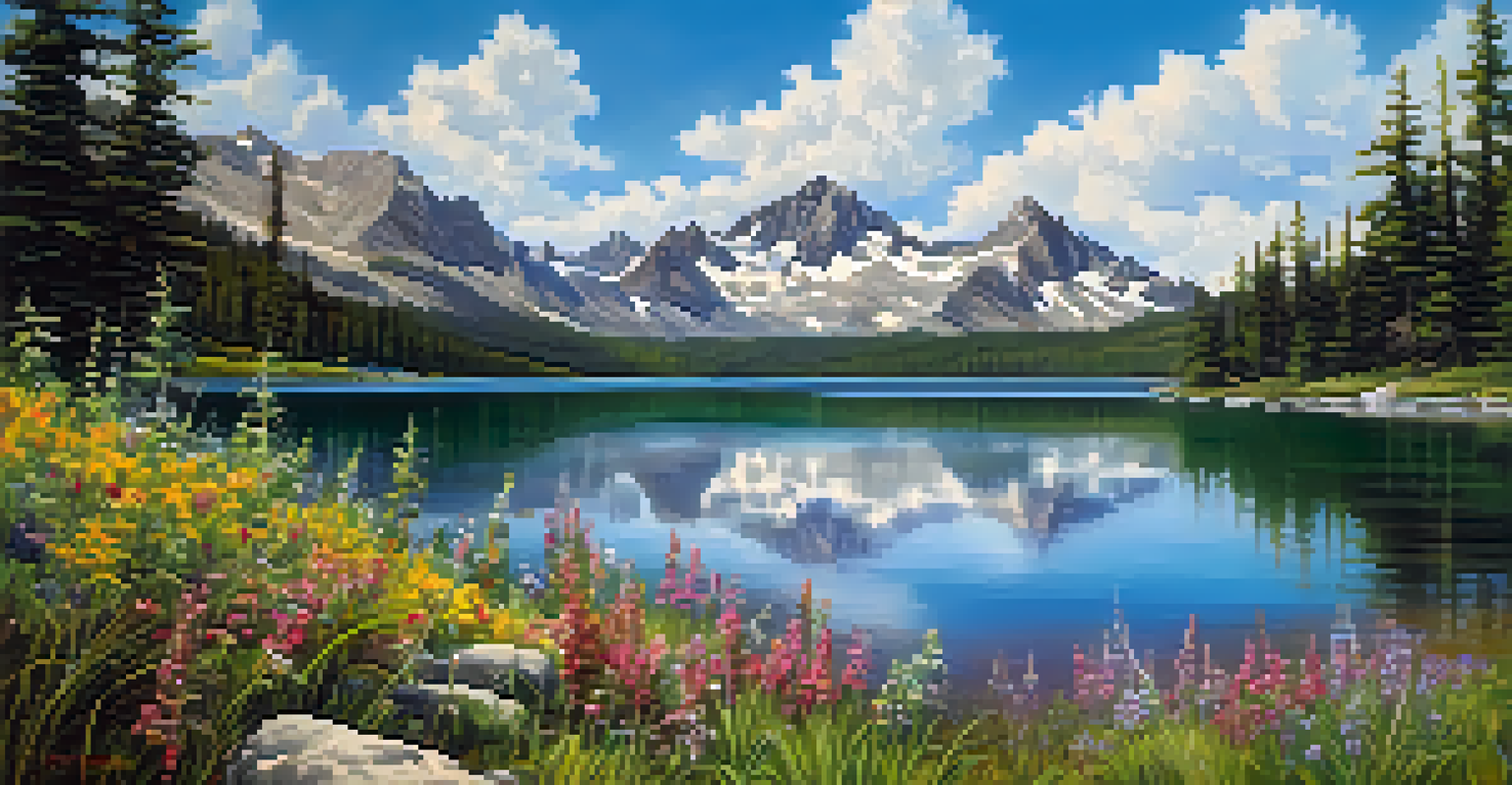 King Lake reflecting mountains and flowers under a blue sky.