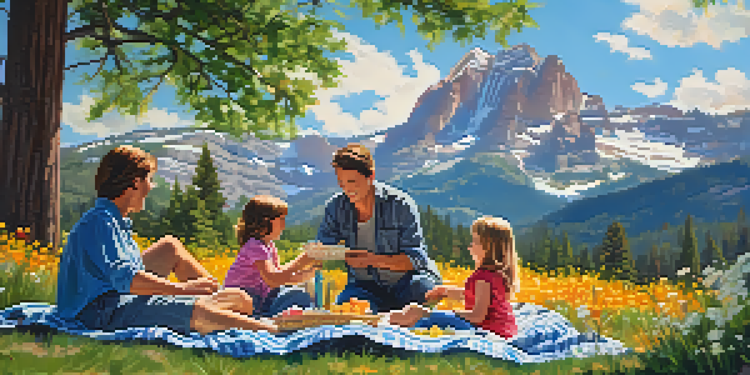 A family of four having a picnic in a scenic park, with colorful wildflowers and mountains in the background.