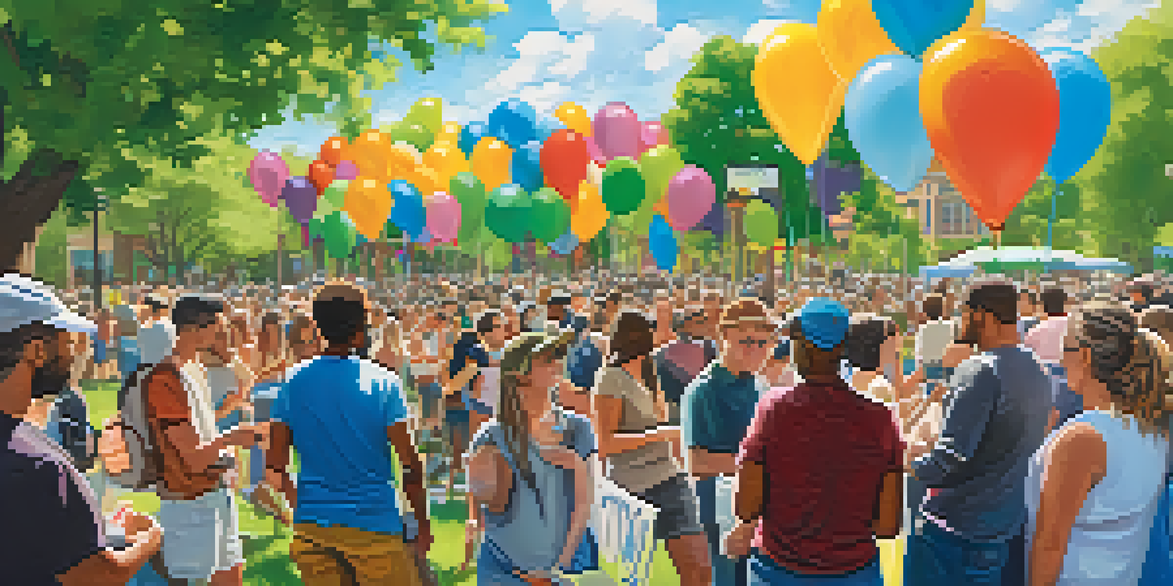 A community event in a park with people discussing mental health, surrounded by greenery and colorful decorations.