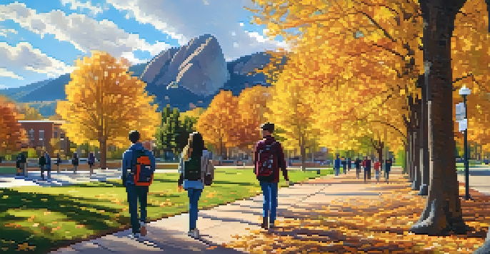 A picturesque view of CU Boulder in autumn, showcasing students walking amidst colorful trees with the flatirons in the background and sunlight filtering through the leaves.