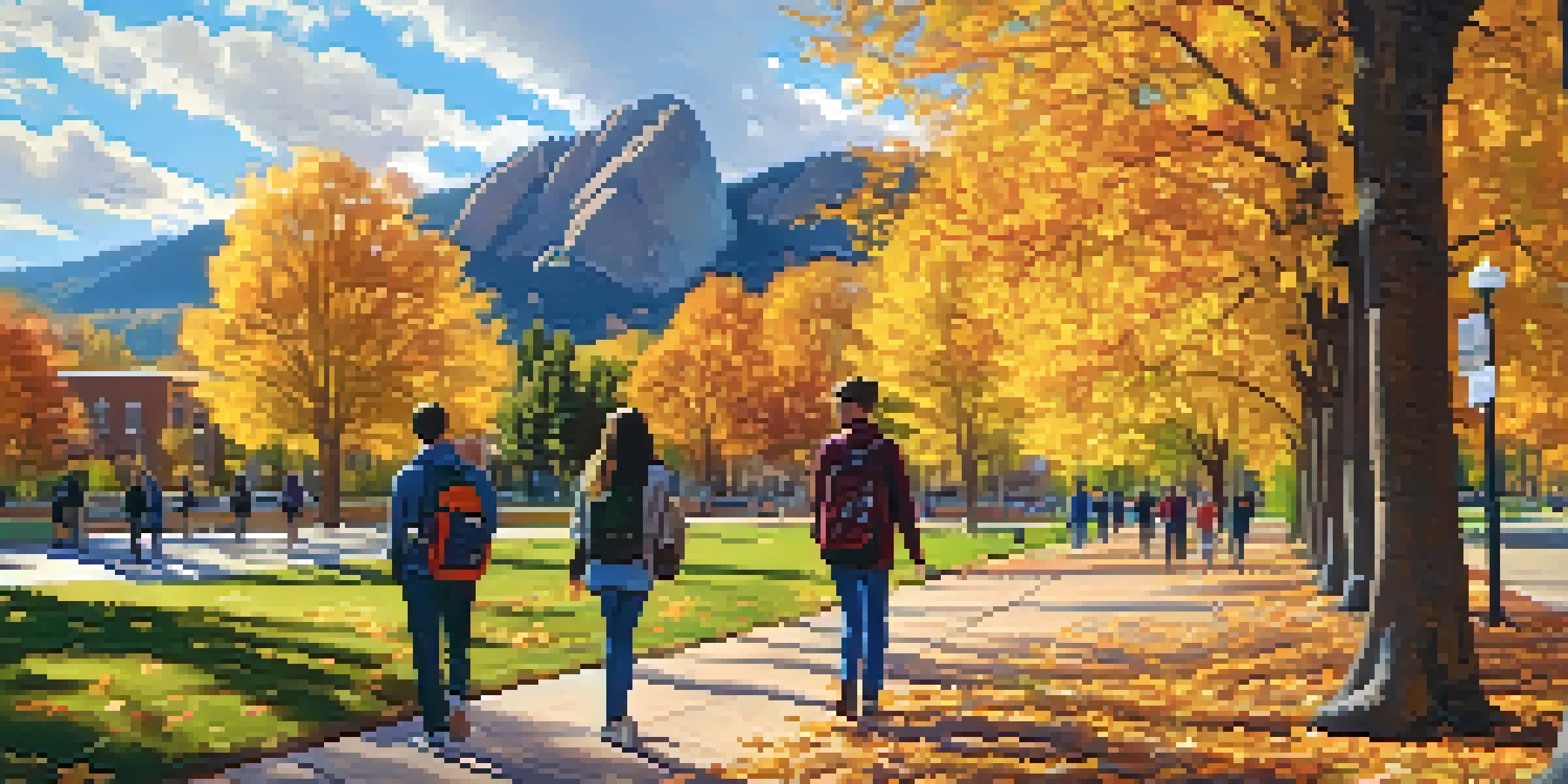A picturesque view of CU Boulder in autumn, showcasing students walking amidst colorful trees with the flatirons in the background and sunlight filtering through the leaves.