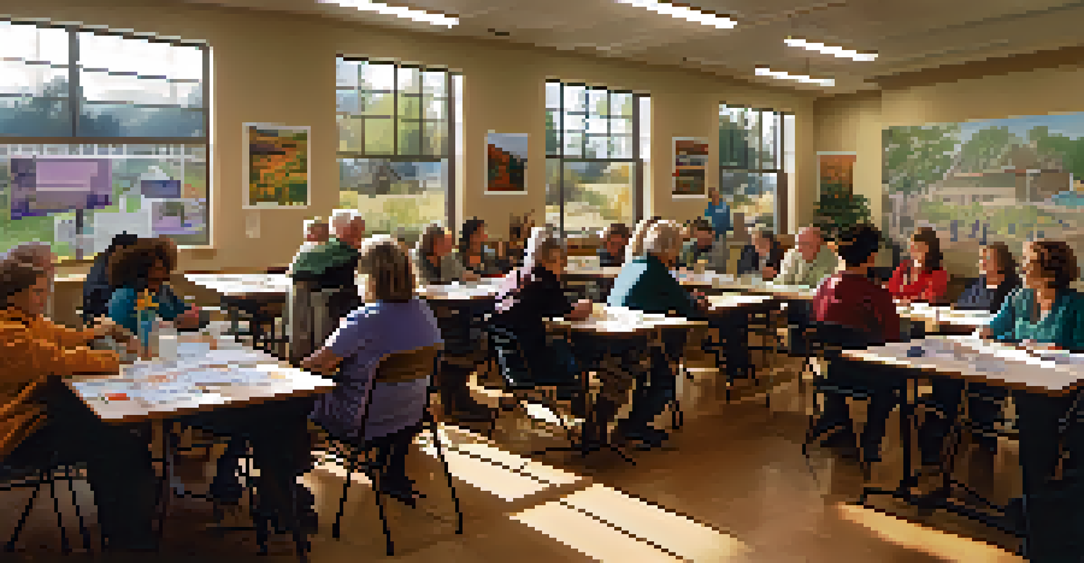 Residents attending a disaster preparedness workshop in a community center with natural light and educational posters.