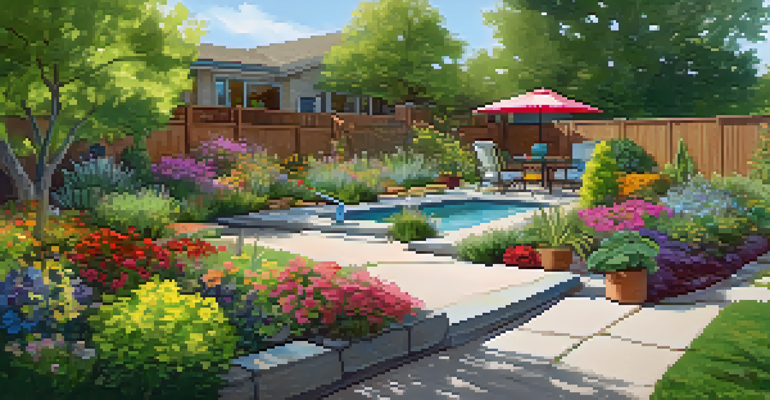 A beautiful garden in Boulder with a smart irrigation system watering plants, while a person uses a smartphone to monitor usage, set against a bright blue sky.