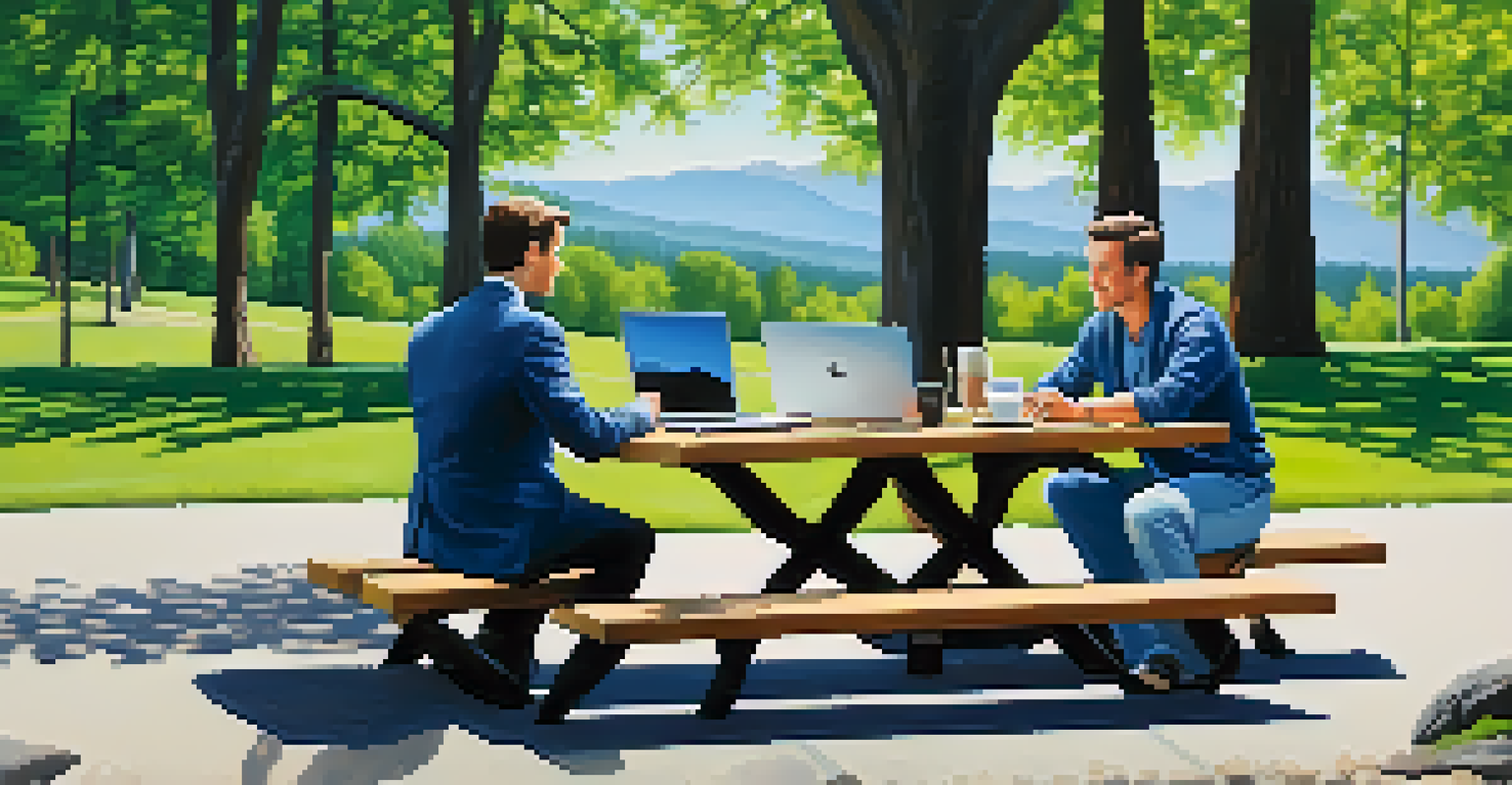 Two entrepreneurs having a meeting at a picnic table in a park, with a laptop and coffee cups, surrounded by trees and mountains.