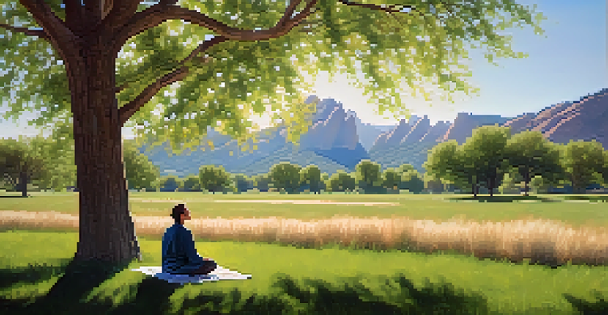 A peaceful scene in a park with a person meditating under a tree, mountains in the background.