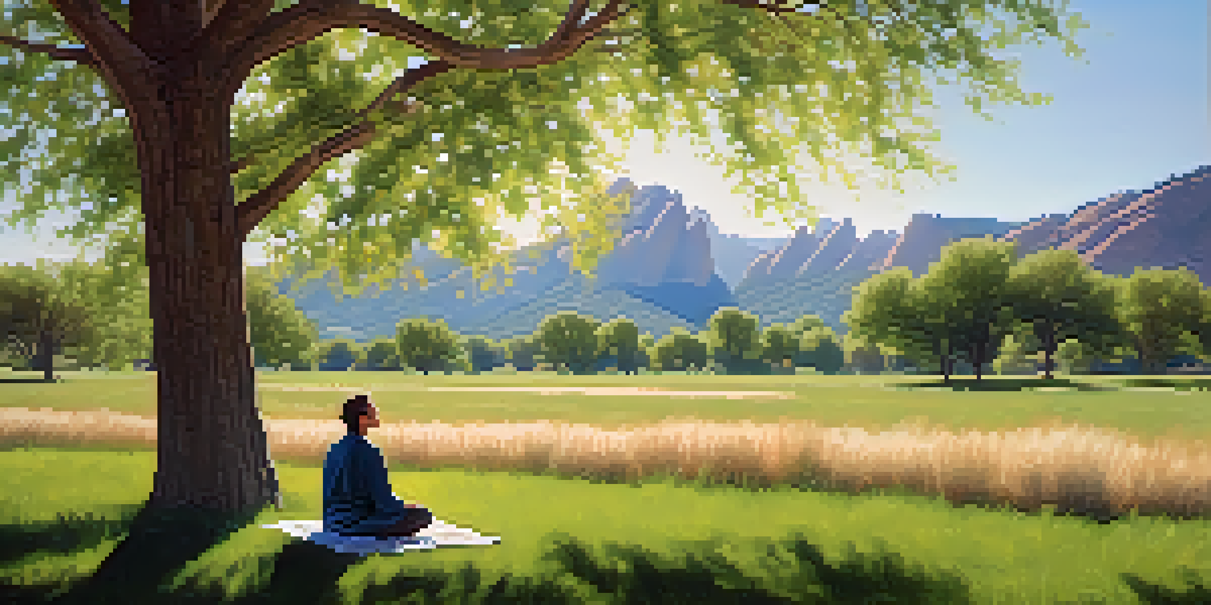 A peaceful scene in a park with a person meditating under a tree, mountains in the background.
